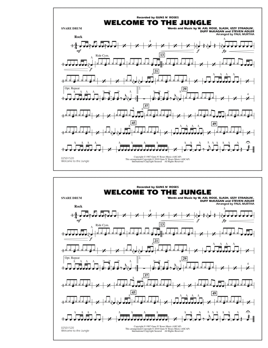 Welcome To The Jungle - Snare Drum Marching Band scores gallery preview page 1