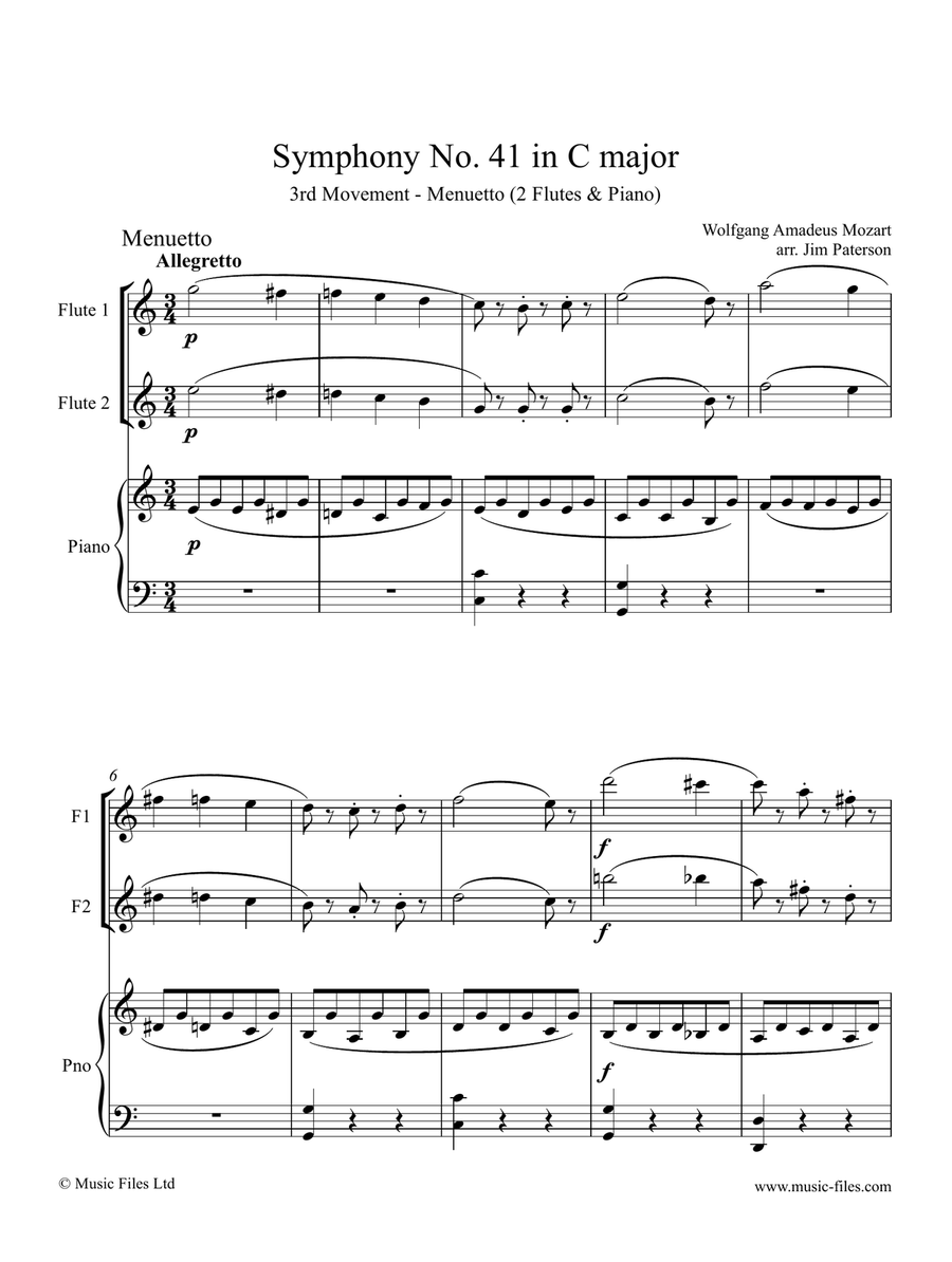 Mozart: Menuetto Allegretto from Symphony No.41 - 2 Flutes and Piano Flute Duet scores gallery preview page 1