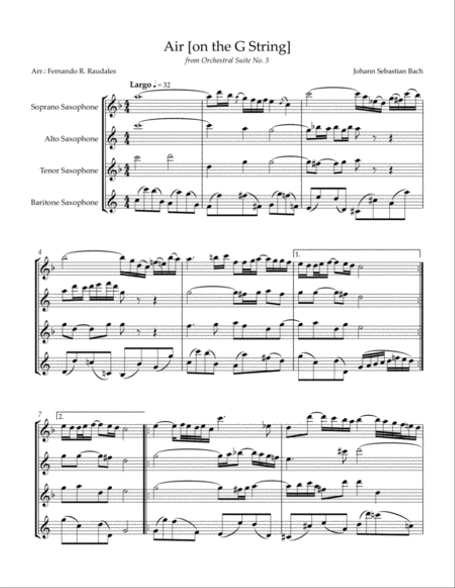 Air [on a G string] from Orchestral Suite No 3 - J.S. Bach - Saxophone Quartet Arrangement Woodwind Quartet scores gallery preview page 1