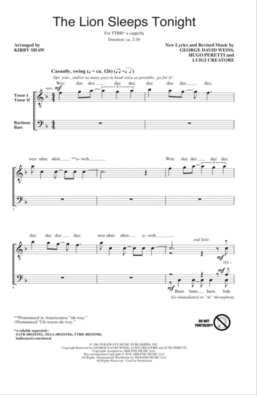 The Lion Sleeps Tonight (arr. Kirby Shaw) TTBB scores gallery preview page 1