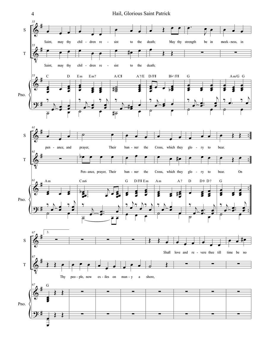 Hail, Glorious Saint Patrick (for 2-part choir - (Soprano and Tenor) 2-Part scores gallery preview page 4