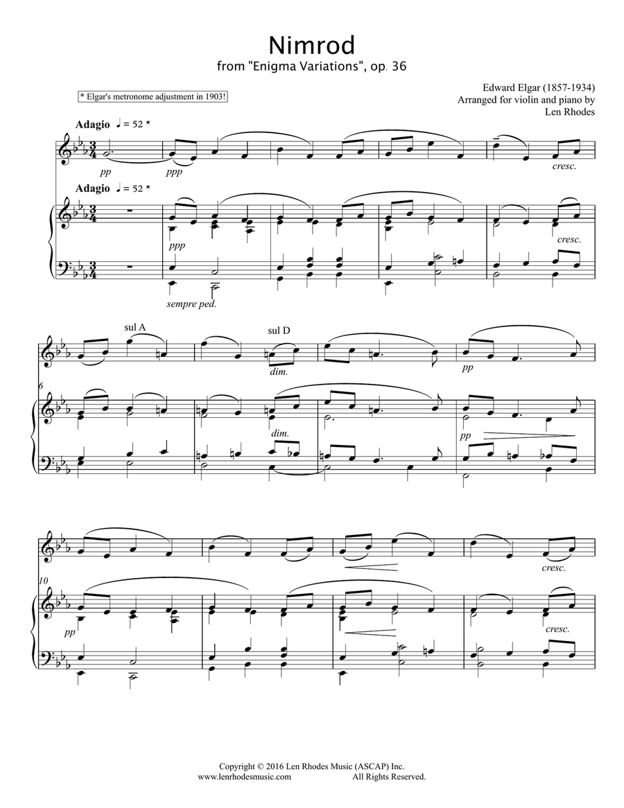 Elgar Nimrod, from 'Enigma Variations'; arranged for Violin and Piano Violin Solo scores gallery preview page 1