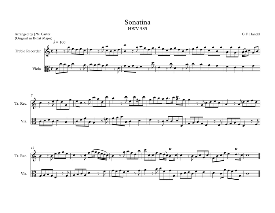 Sonatina HWV 585 for Alto Recorder & Viola Duet Alto Recorder scores gallery preview page 1
