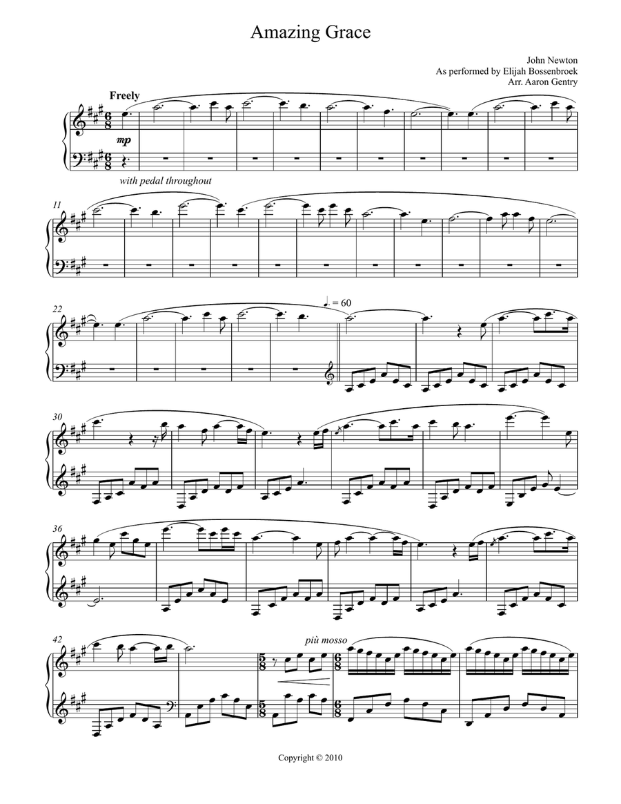 Elijah Bossenbroek Amazing Grace Piano Solo scores gallery preview page 1