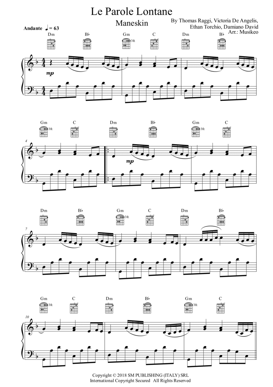 Le Parole Lontane Piano, Vocal, Guitar scores gallery preview page 1