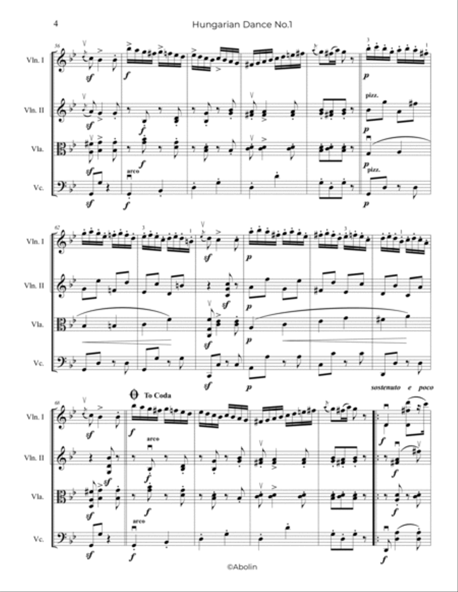 Brahms: Hungarian Dance No.1 - String Quartet String Quartet scores gallery preview page 5