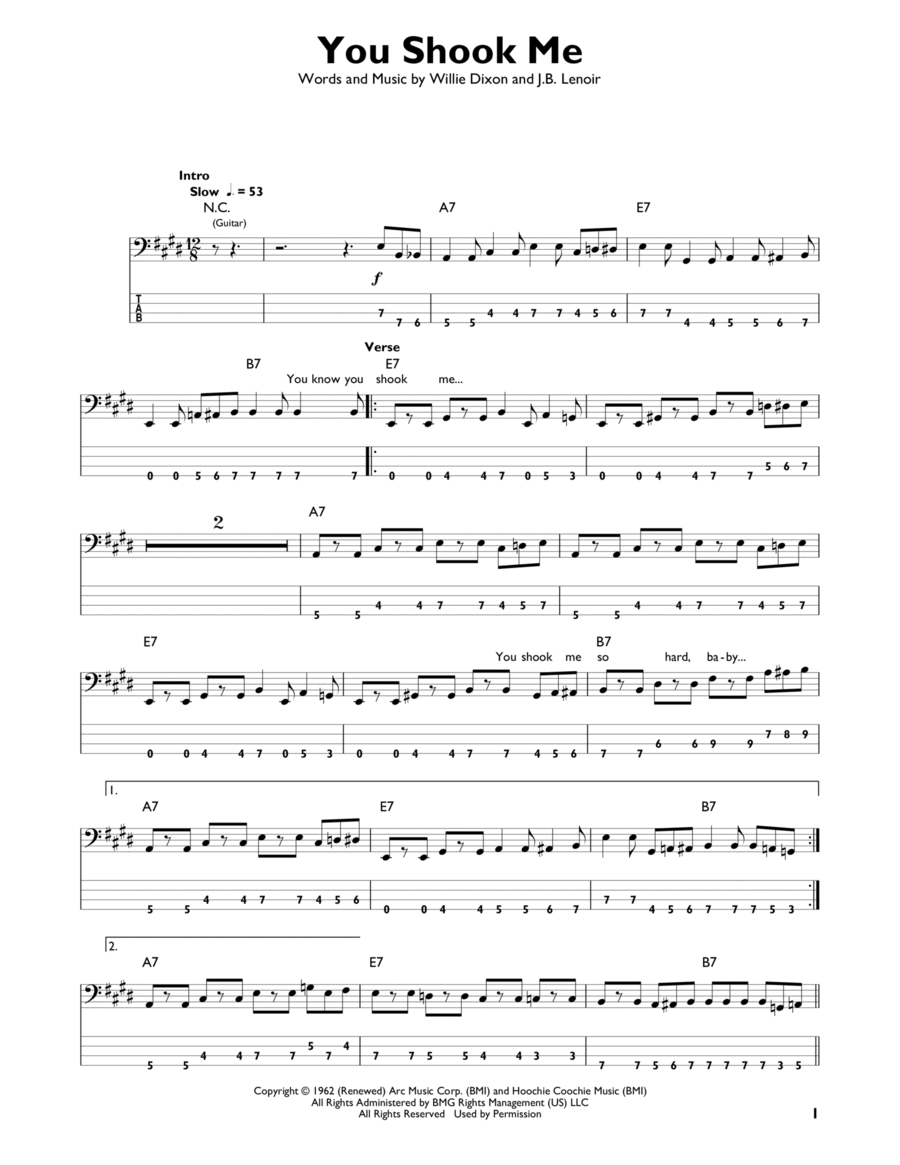 You Shook Me You Shook Me Bass Guitar scores gallery preview page 1