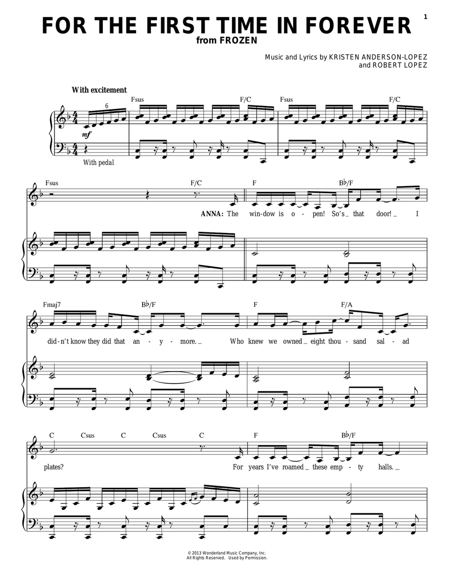 For The First Time In Forever (from Frozen) Piano, Vocal scores gallery preview page 1