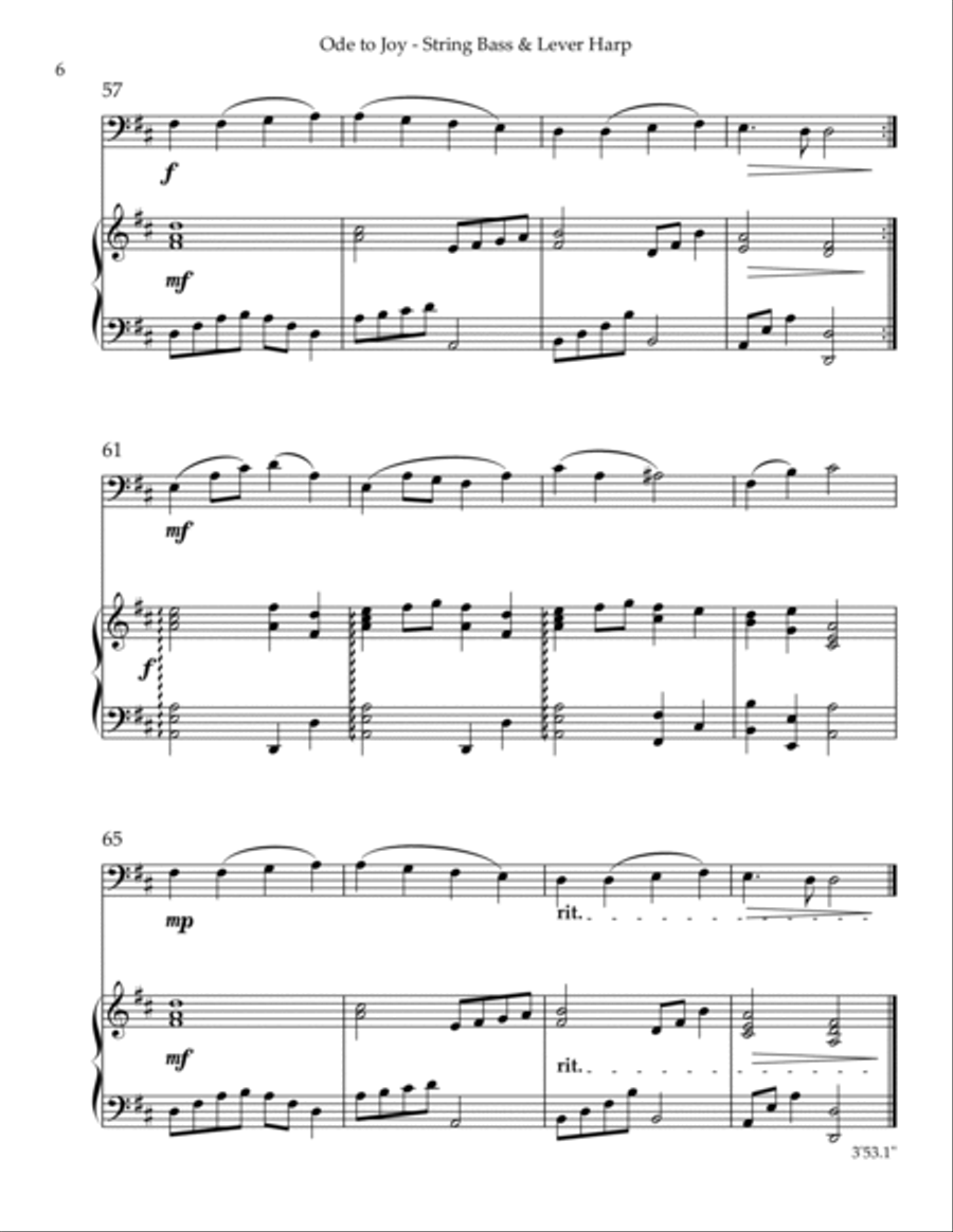 Ode to Joy, Duet for String Bass & Lever Harp String Duet scores gallery preview page 6