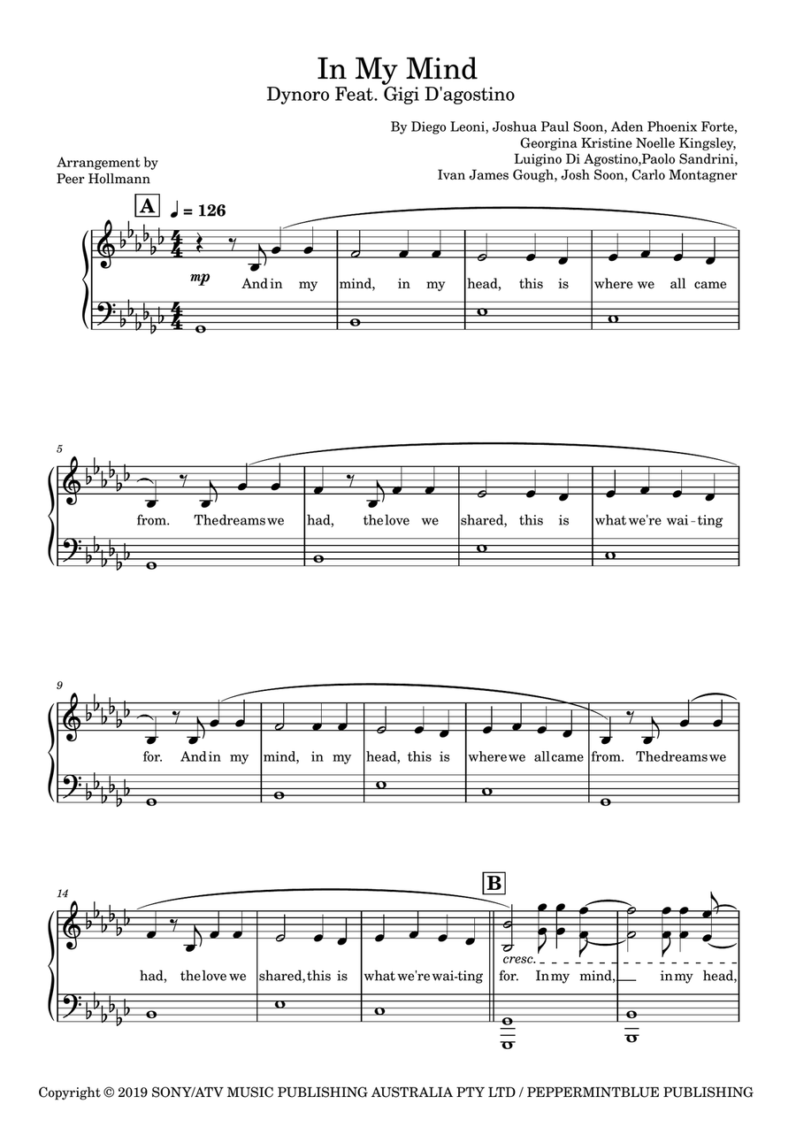 In My Mind (Dynoro Feat. Gigi D'agostino) Piano Solo scores gallery preview page 1
