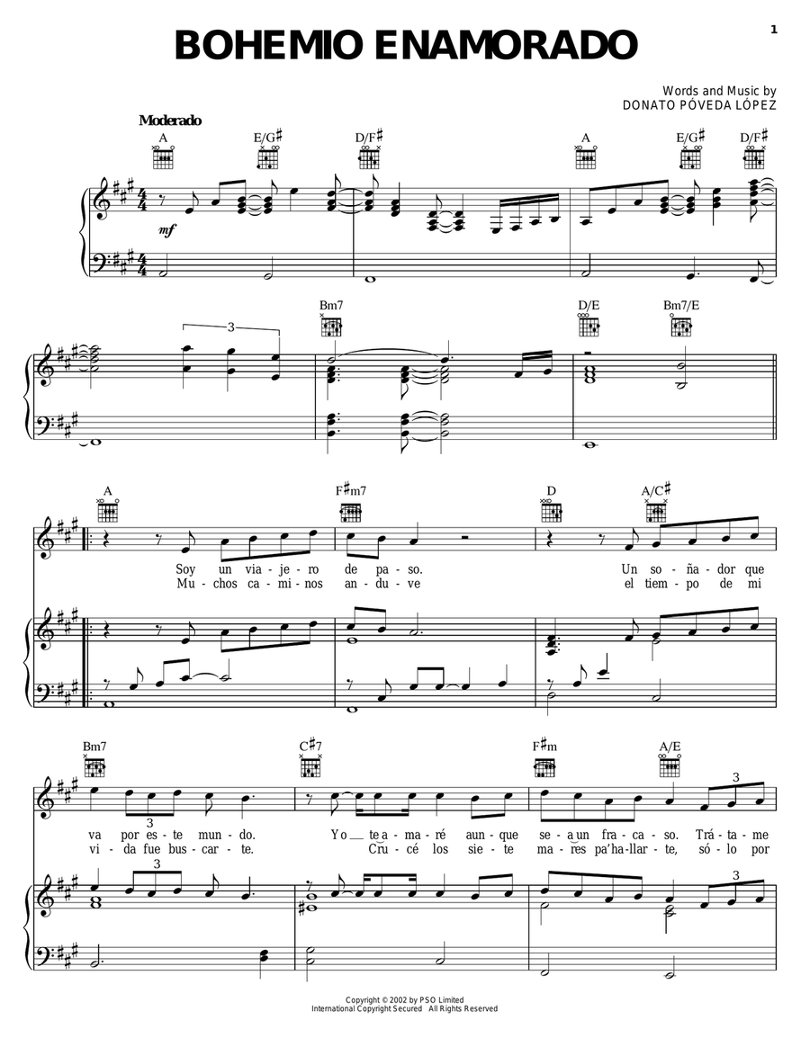Bohemio Enamorado Bohemio Enamorado Piano, Vocal, Guitar scores gallery preview page 1