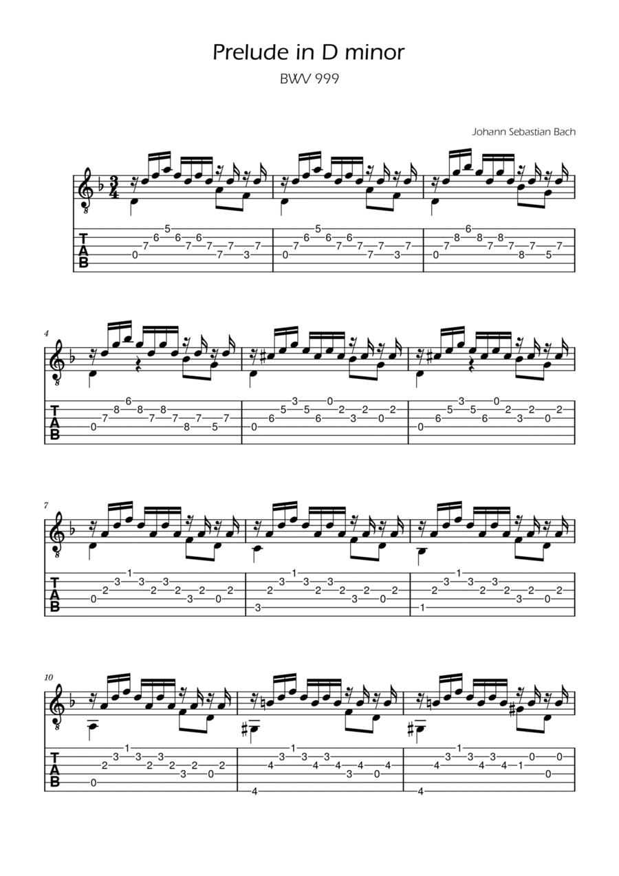 Bach - Prelude in D minor TABs - BWV 999 Acoustic Guitar scores gallery preview page 1