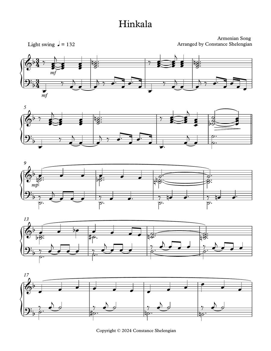 Hinkala - Armenian Song - Jazz Waltz for Piano Piano Solo scores gallery preview page 1