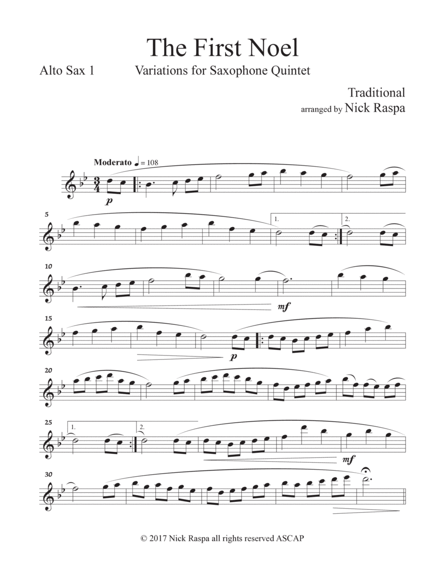 The First Noel - Variations for Sax Quintet (SAATB) Alto Sax 1 part image number null