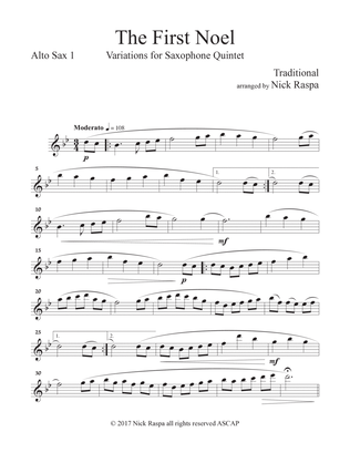 The First Noel - Variations for Sax Quintet (SAATB) Alto Sax 1 part