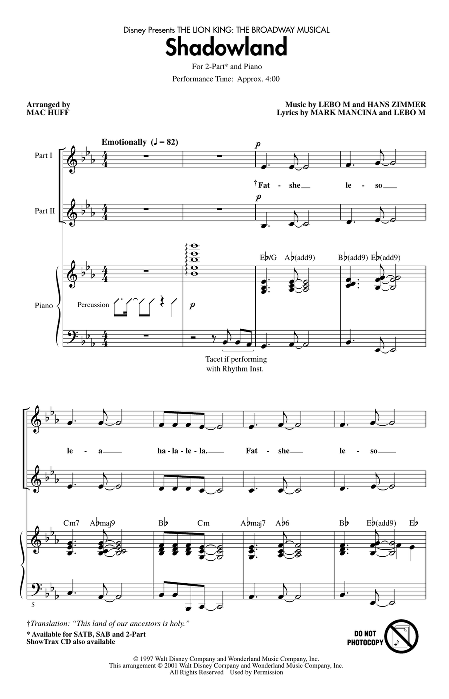 Shadowland (from The Lion King: Broadway Musical) (arr. Mac Huff) 2-Part scores gallery preview page 1