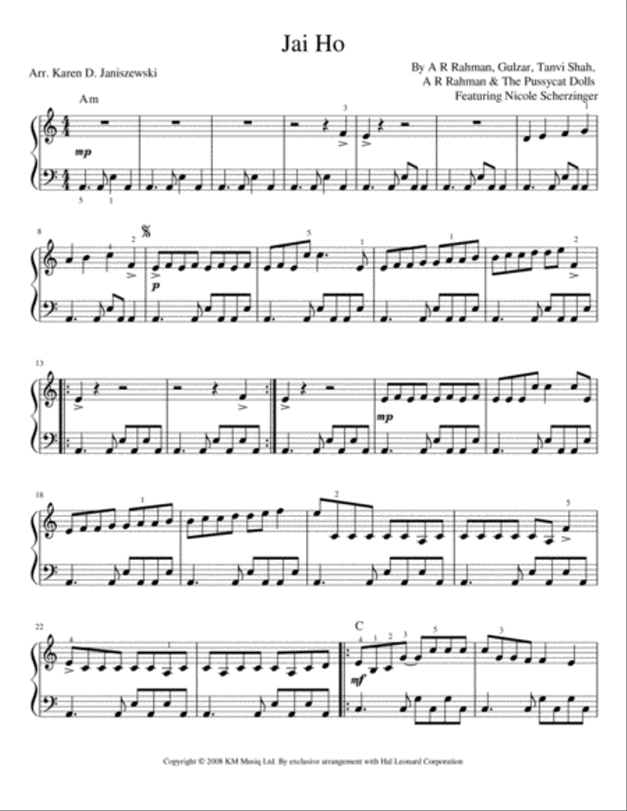 Jai Ho Easy Piano scores gallery preview page 1