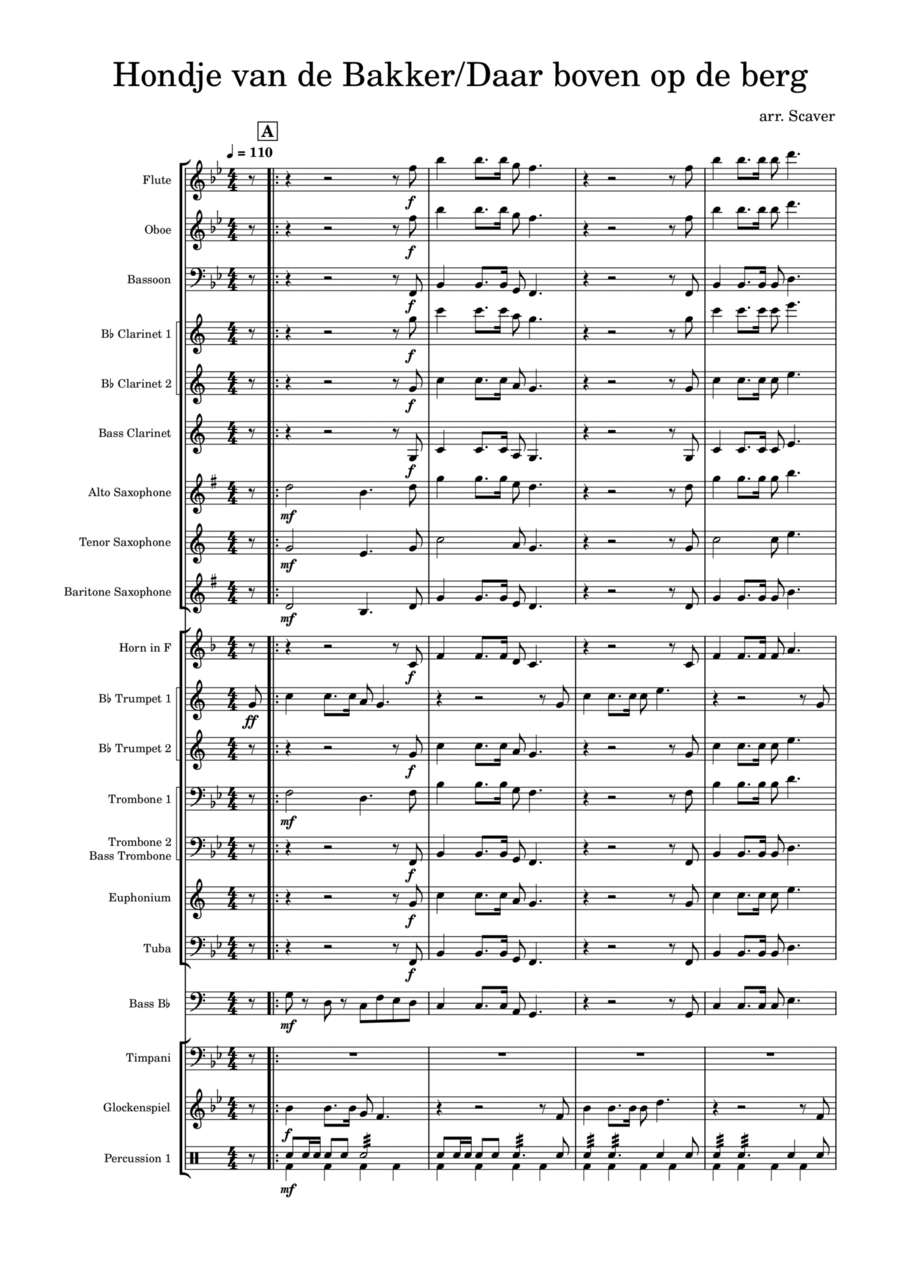 Hondje van de Bakker / Daar boven op de Berg Concert Band scores gallery preview page 1