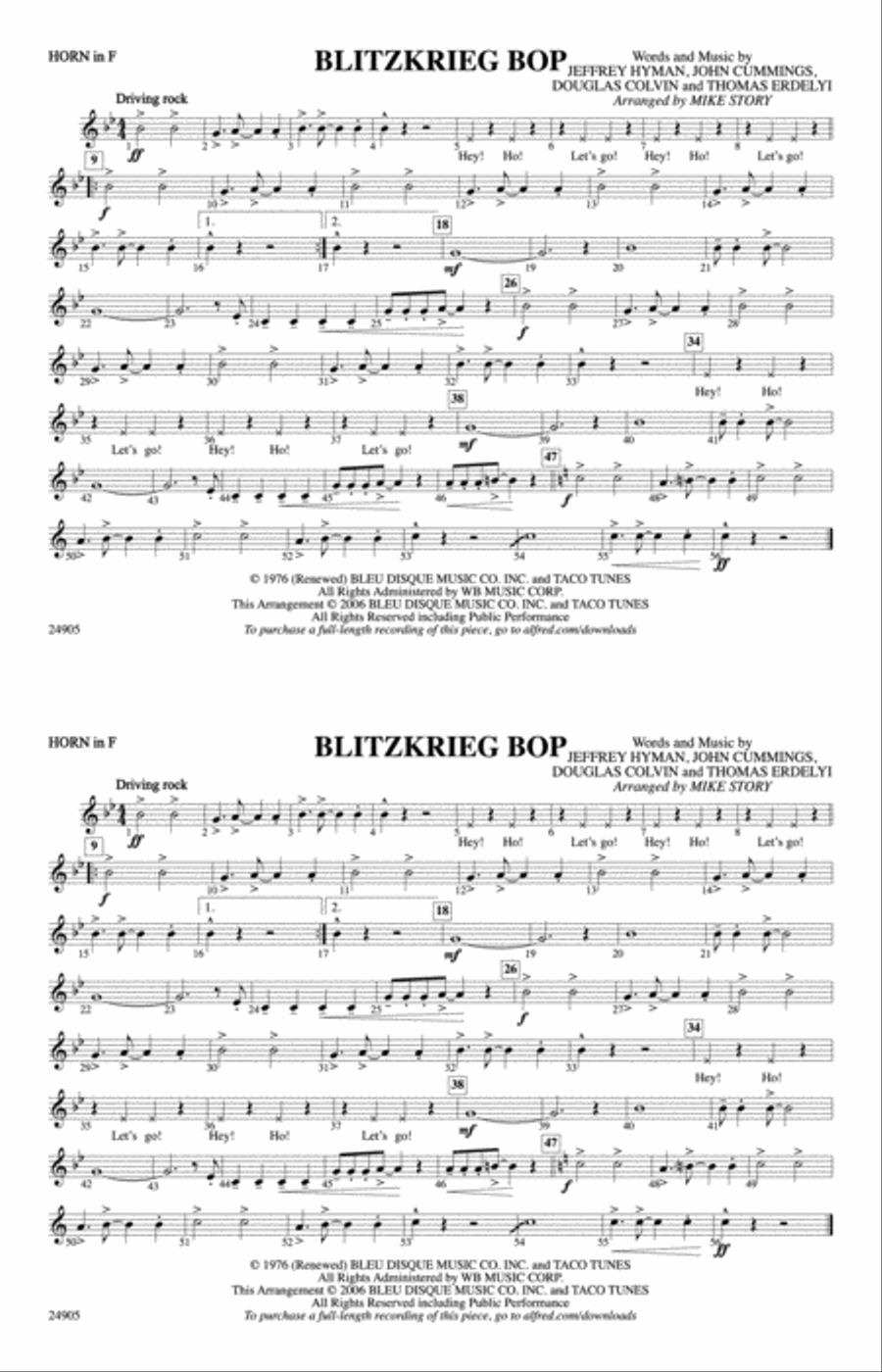 Blitzkrieg Bop: 1st F Horn Marching Band scores gallery preview page 1