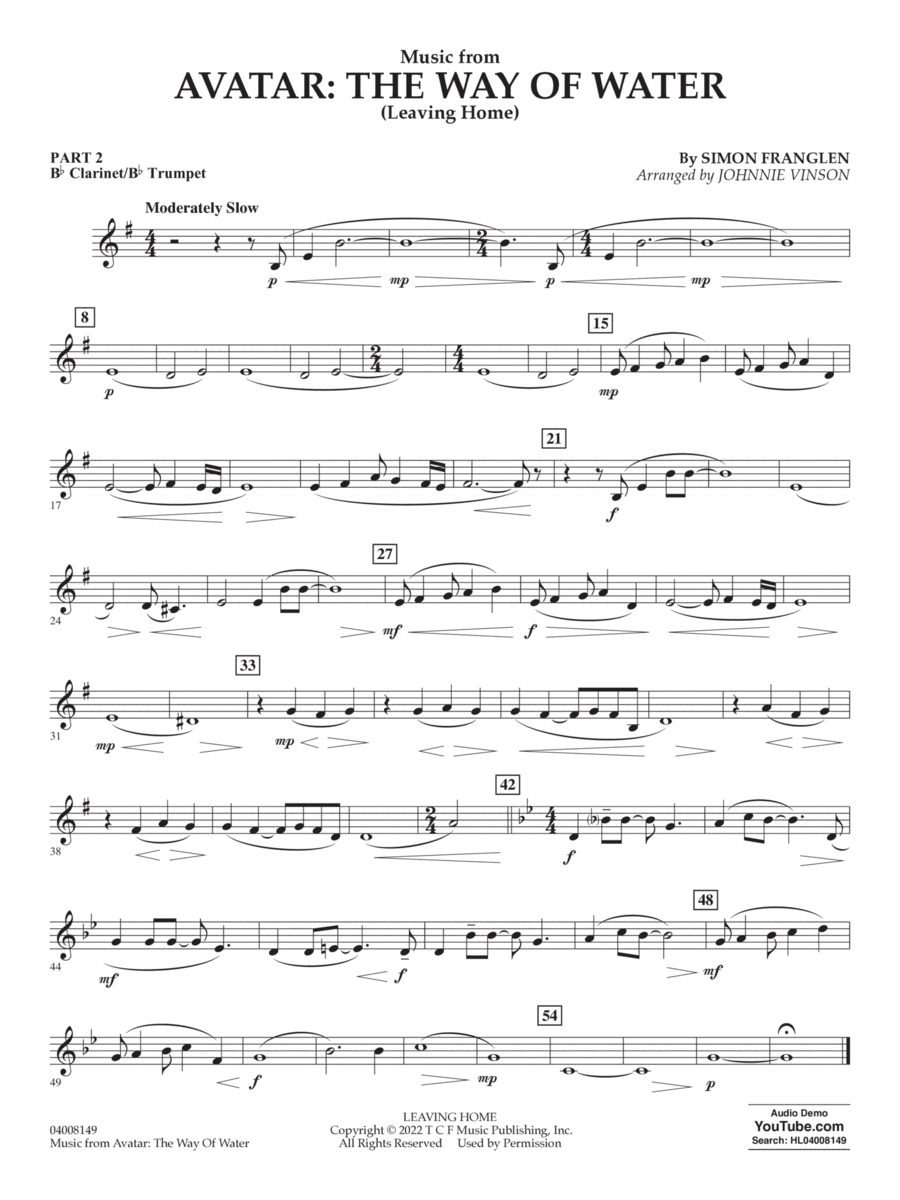 Music from Avatar: The Way Of Water (Leaving Home) (arr. Vinson) - Pt. 2 - Bb Clarinet/Bb Trumpet