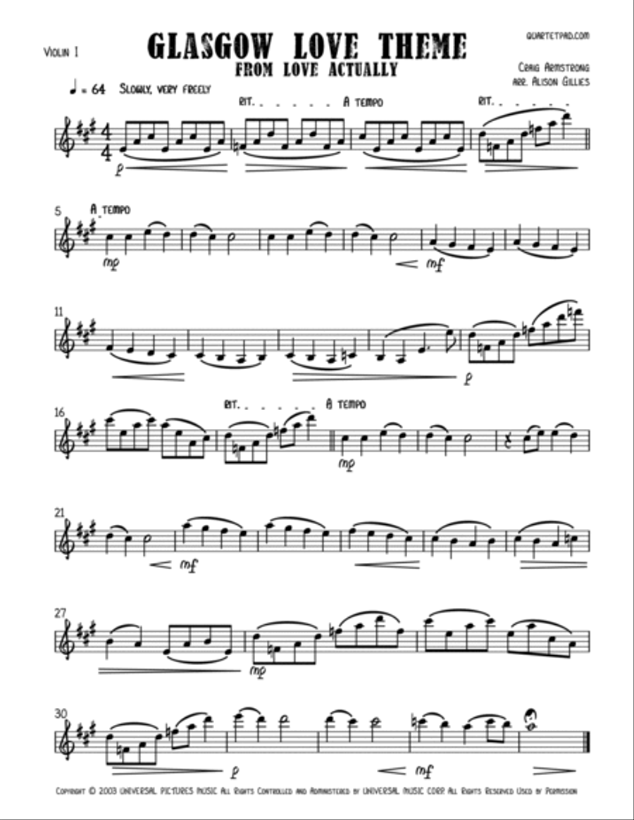 Glasgow Love Theme String Quartet scores gallery preview page 4