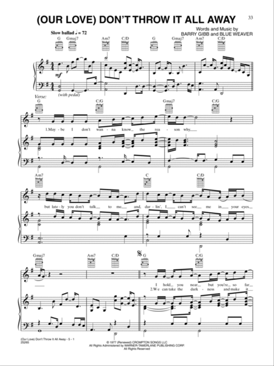 (Our Love) Don't Throw It All Away Piano, Vocal, Guitar scores gallery preview page 1