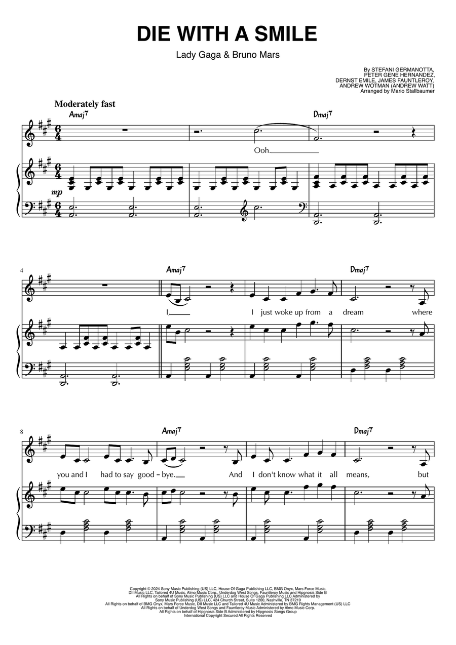 Die With A Smile Piano, Vocal scores gallery preview page 1