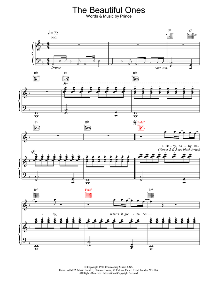 The Beautiful Ones Piano, Vocal, Guitar scores gallery preview page 1