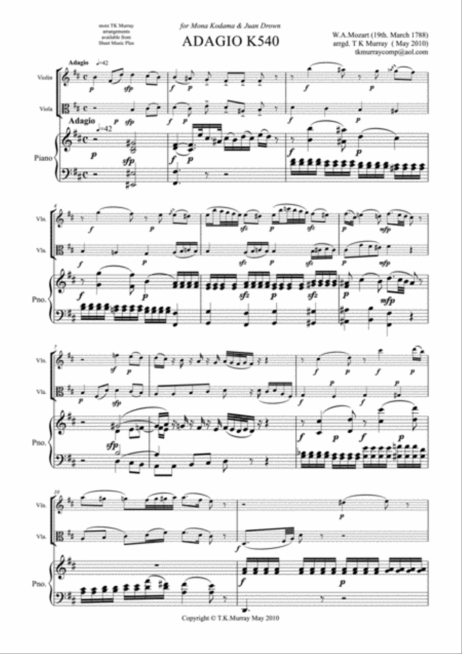Mozart - Adagio in B minor K 540 - Violin, Viola & Piano Small Ensemble scores gallery preview page 2