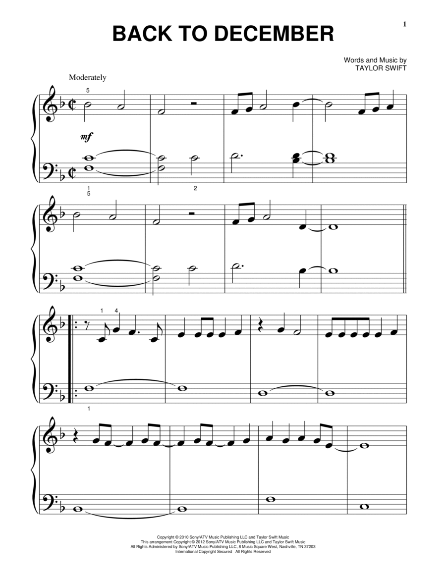 Back To December Easy Piano scores gallery preview page 1