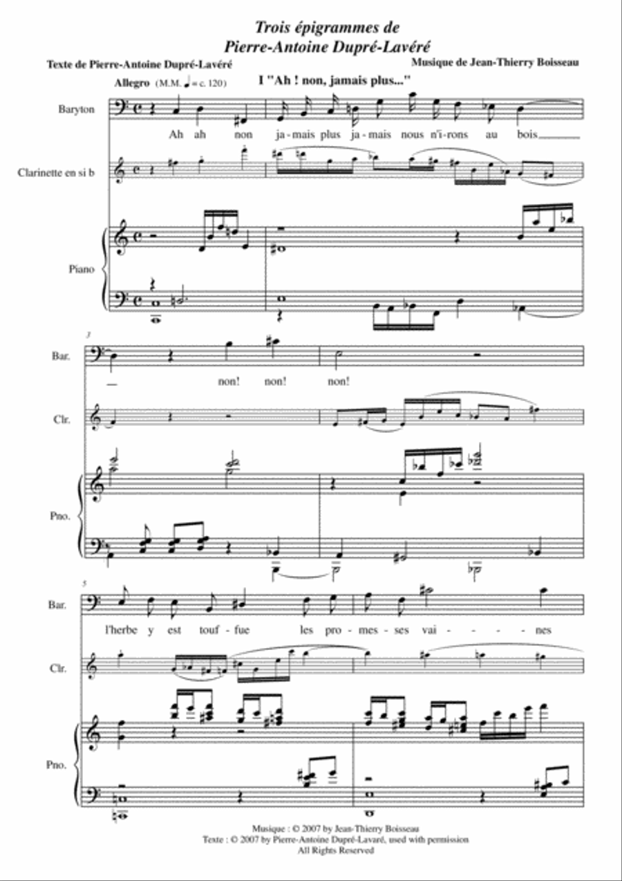 Jean-Thierry Boisseau: Trois Épigrammes de Pierre-Antoine Dupré-Lavaré for baritone, Bb clarinet and Small Ensemble scores gallery preview page 2