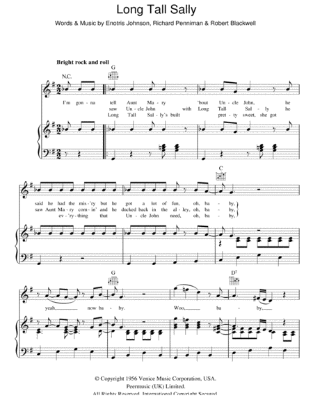 Long Tall Sally by Little Richard - Piano, Vocal, Guitar - Digital Sheet  Music