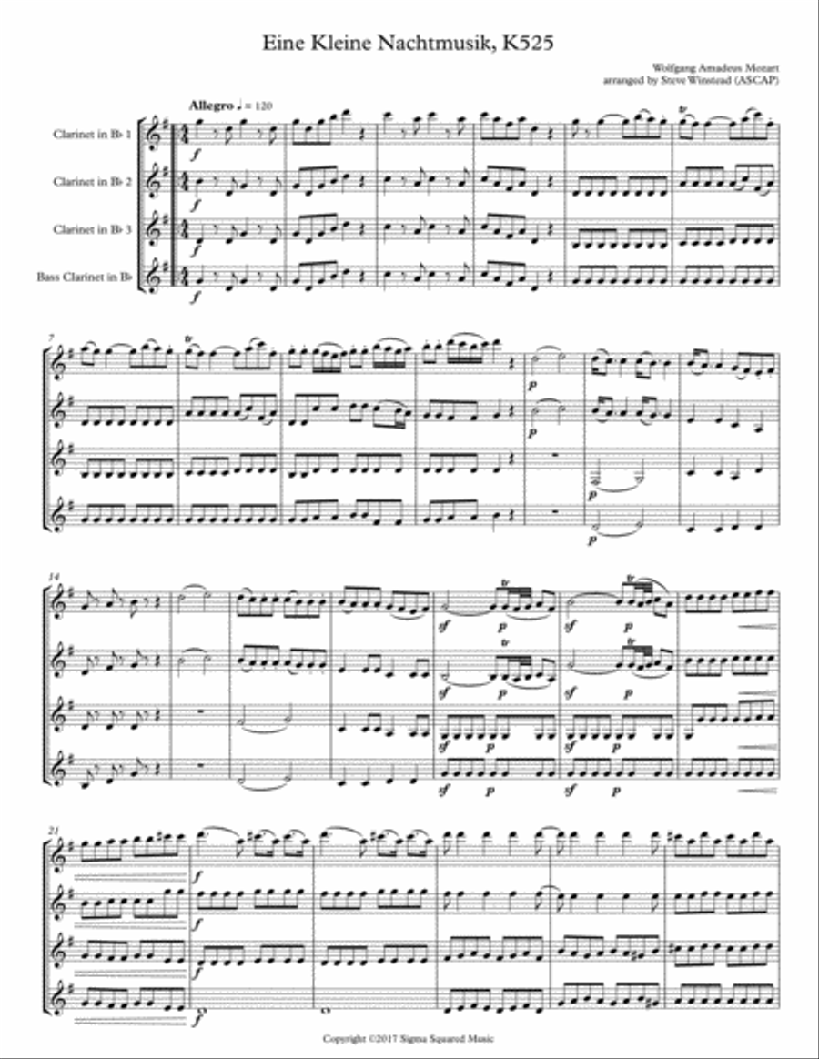Eine Kleine Nachtmusik, K525 for Clarinet Quartet/Choir Choir scores gallery preview page 2