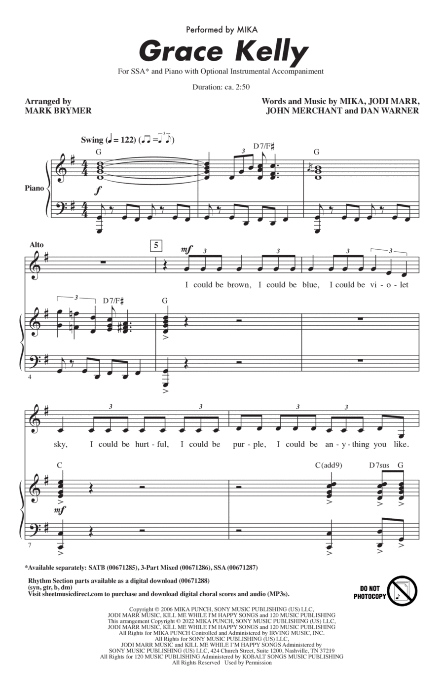 Grace Kelly (arr. Mark Brymer) SSA scores gallery preview page 1