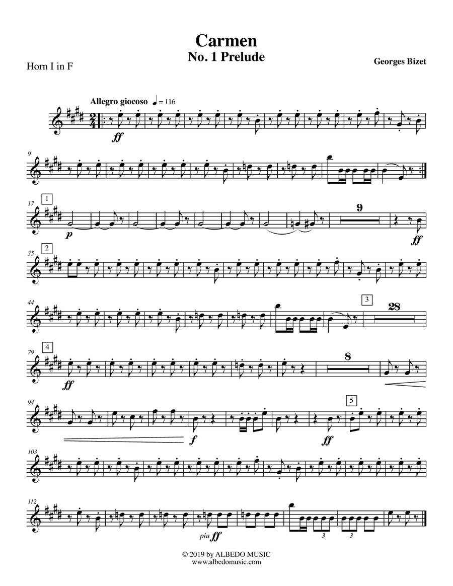 Carmen, No. 1 Prelude - Horn in F 1 (Transposed Part) Horn Solo scores gallery preview page 1