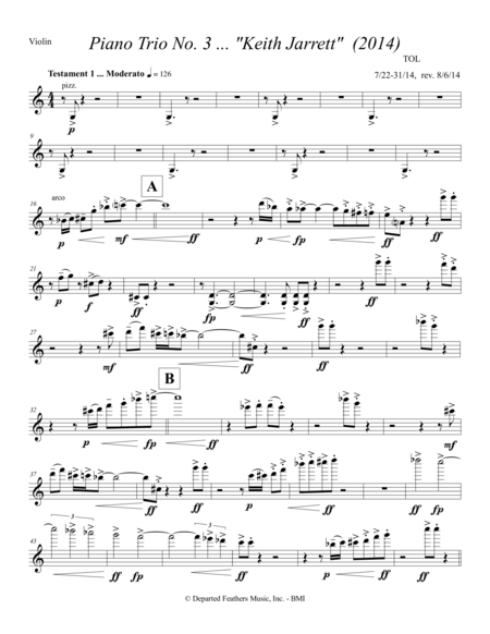 Piano Trio No. 3 ... Keith Jarrett (2014) for violin, cello and piano: violin part