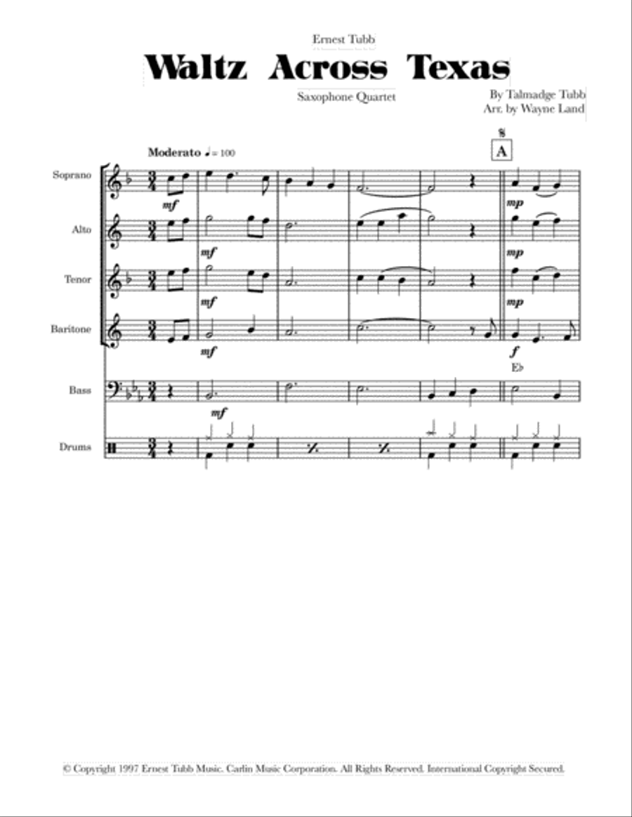 Waltz Across Texas Saxophone Quartet scores gallery preview page 1