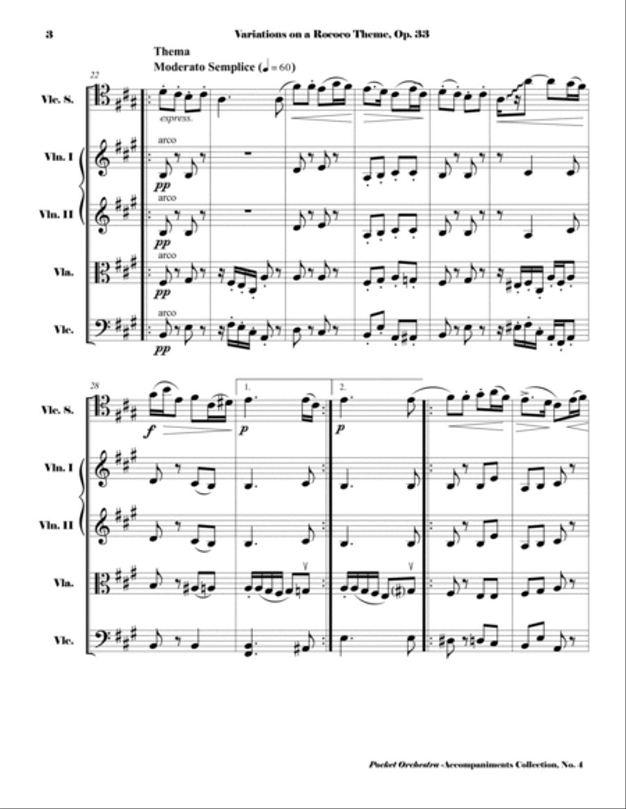 Tchaikowsky - Rococo Variations, Op. 33 ( Accompaniment Reduction for String Quartet) SCORE String Quartet scores gallery preview page 3