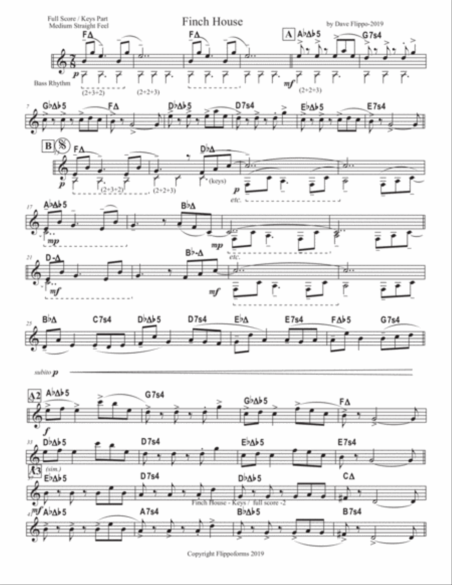 FINCH HOUSE - Leads Sheets in C and Bb - a 7/8 Jazz 