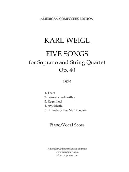 [WeiglK] Five Songs for Soprano and String Quartet (Piano Reduction) image number null