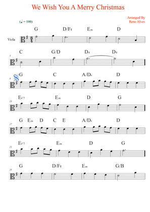 We Wish You A Merry Christmas, sheet music and viola melody for the beginning musician (easy).