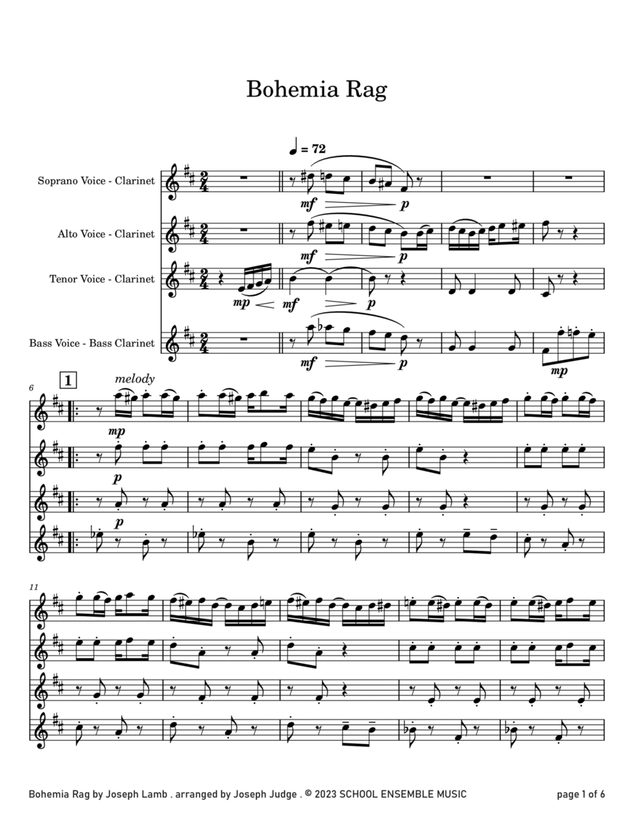 Bohemia Rag by Joseph Lamb for Clarinet Quartet Clarinet Quartet scores gallery preview page 1