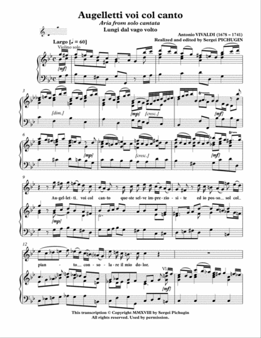 VIVALDI Antonio: Augelletti voi col canto, aria from the cantata, arranged for Voice and Piano (G mi Soprano Voice scores gallery preview page 3