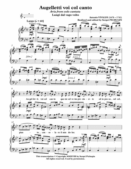 VIVALDI Antonio: Augelletti voi col canto, aria from the cantata, arranged for Voice and Piano (G mi image number null