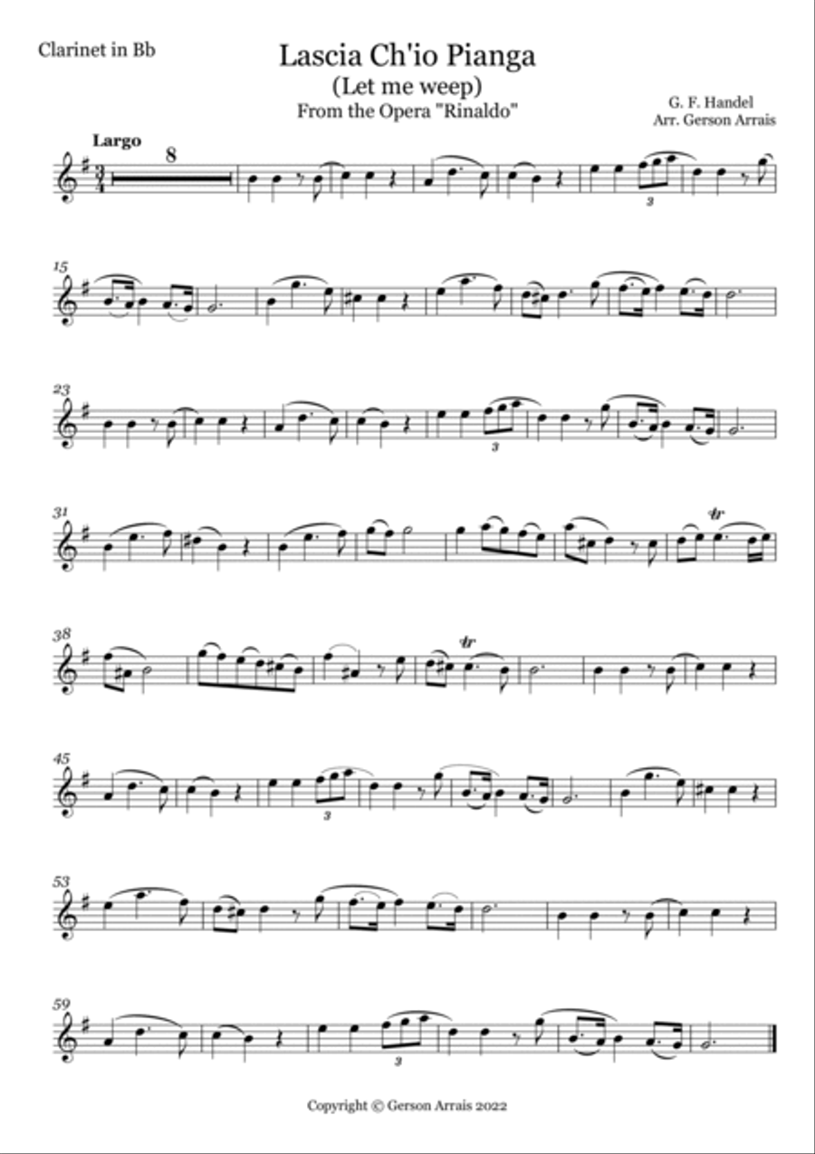 Lascia Ch'io Pianga (Let me Weep) from the Opera Rinaldo - for Bb Clarinet and Piano B-Flat Clarinet scores gallery preview page 3