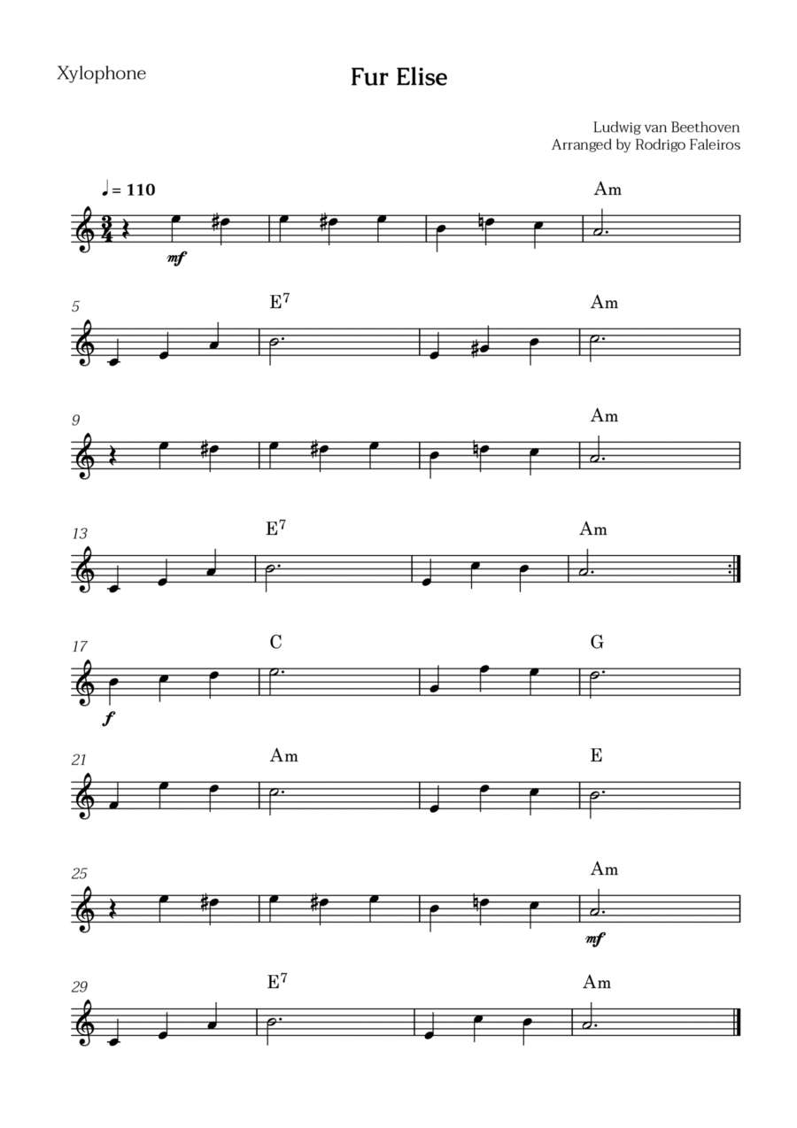 Fur Elise (for beginners - solo xylophone) Chamber Music scores gallery preview page 1
