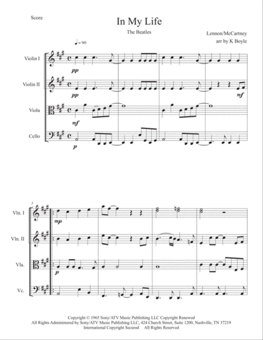 In My Life In My Life String Quartet scores gallery preview page 1