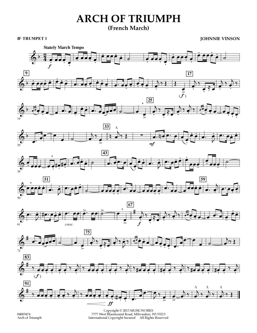 Arch of Triumph French March Bb Trumpet 1 by Johnnie Vinson