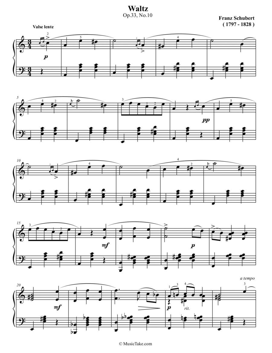 Schubert Waltz in A minor Op.33 No.10 Easy Piano scores gallery preview page 1