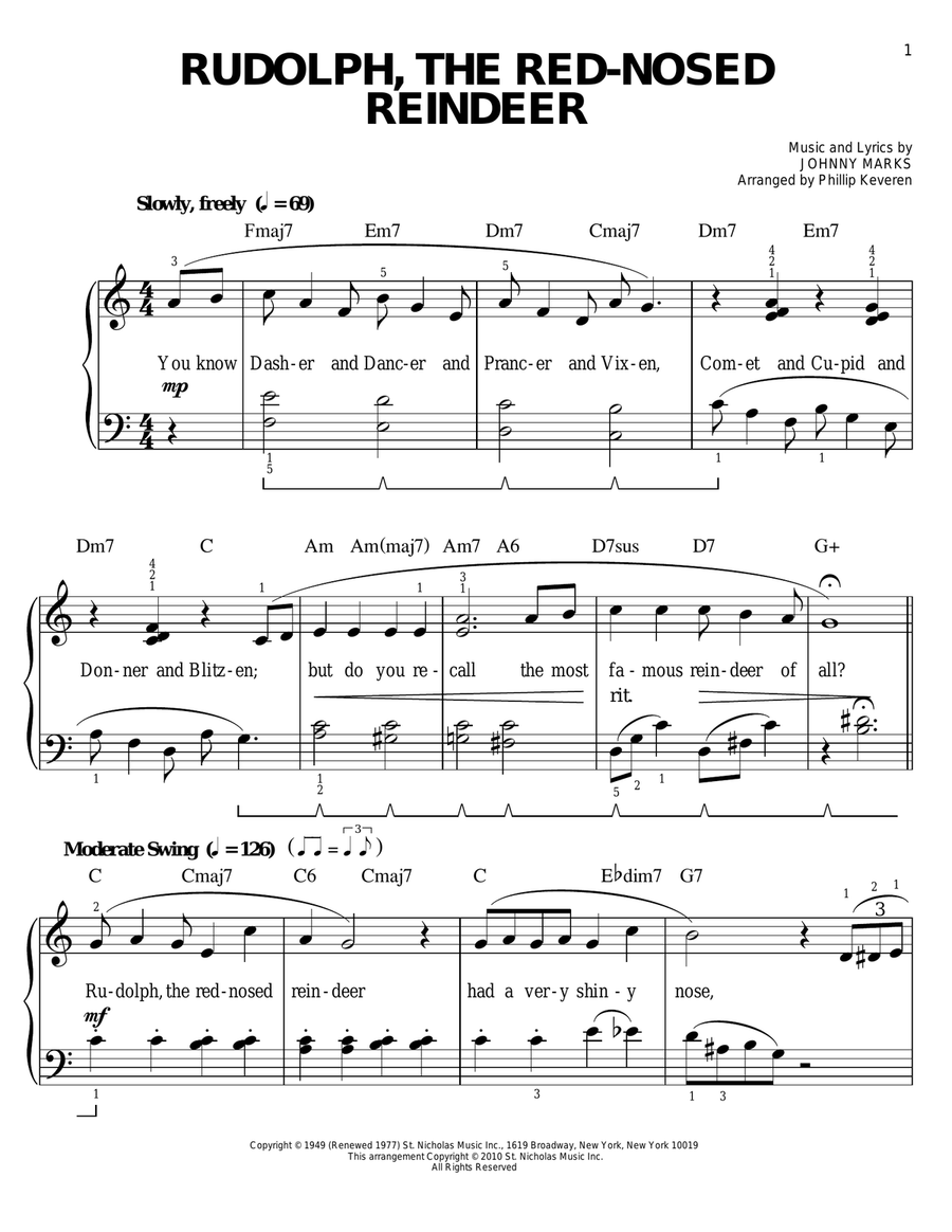 Rudolph The Red-Nosed Reindeer [Jazz version] (arr. Phillip Keveren) Easy Piano scores gallery preview page 1